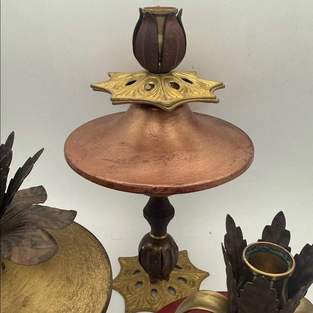Set of 3 brass mixed metal bohemian chic candle stick holders 11”, 8.5” and 7”